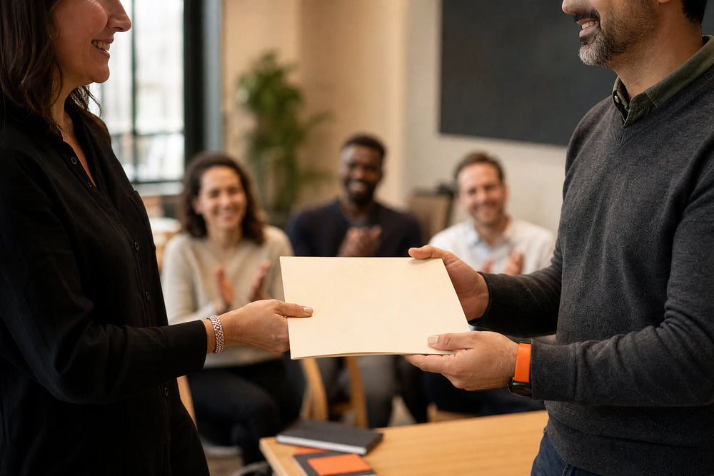 A man and a woman in a bright office or meeting room exchange a blank white document. The woman wears a black blazer, and the man wears a dark gray sweater.
